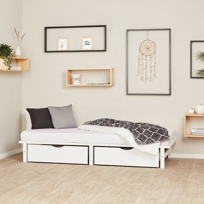 Palettenbett 90x200 cm Weiss | Einzelbett mit Bettkästen | mit Lattenrost | Holz | Kind Jugend Gast
