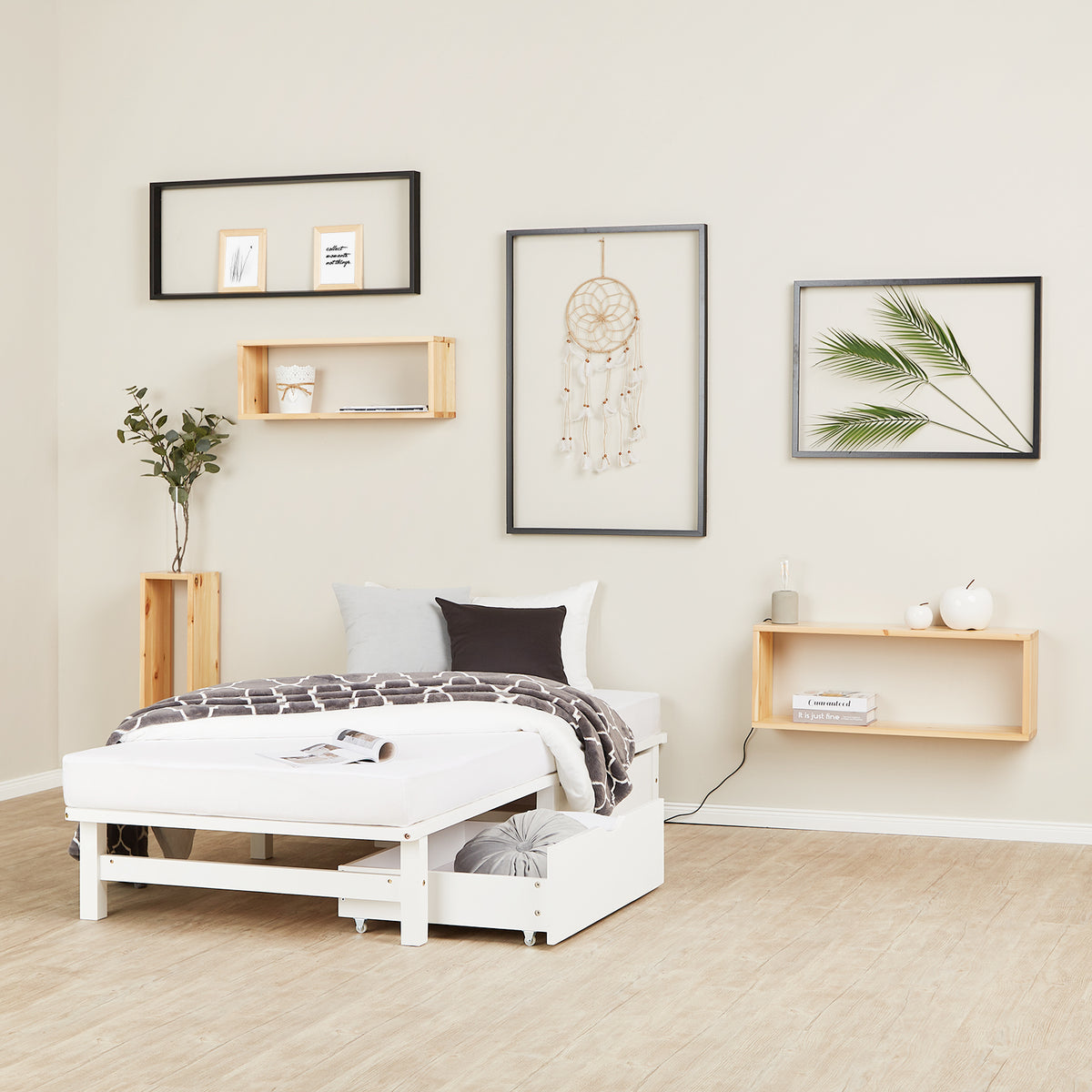 Palettenbett 90x200 cm Weiss | Einzelbett mit Bettkästen | mit Lattenrost | Holz | Kind Jugend Gast