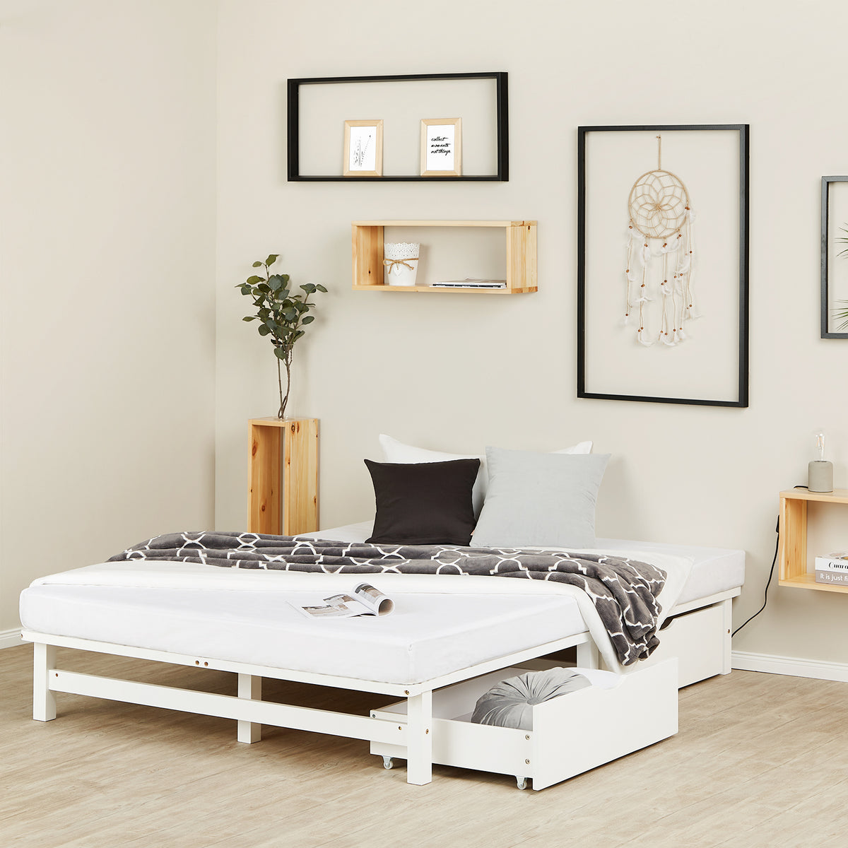 Palettenbett 140x200 cm Weiss | Doppelbett mit Bettkästen | mit Lattenrost | Holz | Kind Jugend Gast