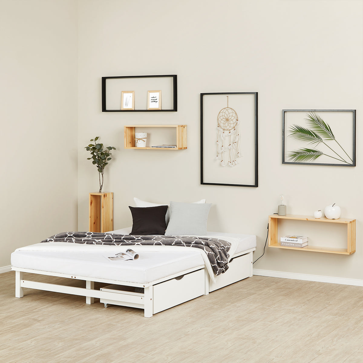 Palettenbett 140x200 cm Weiss | Doppelbett mit Bettkästen | mit Lattenrost | Holz | Kind Jugend Gast