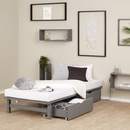 Palettenbett 90x200 cm Grau | Einzelbett mit Bettkästen | mit Lattenrost | Holz | Kind Jugend Gast