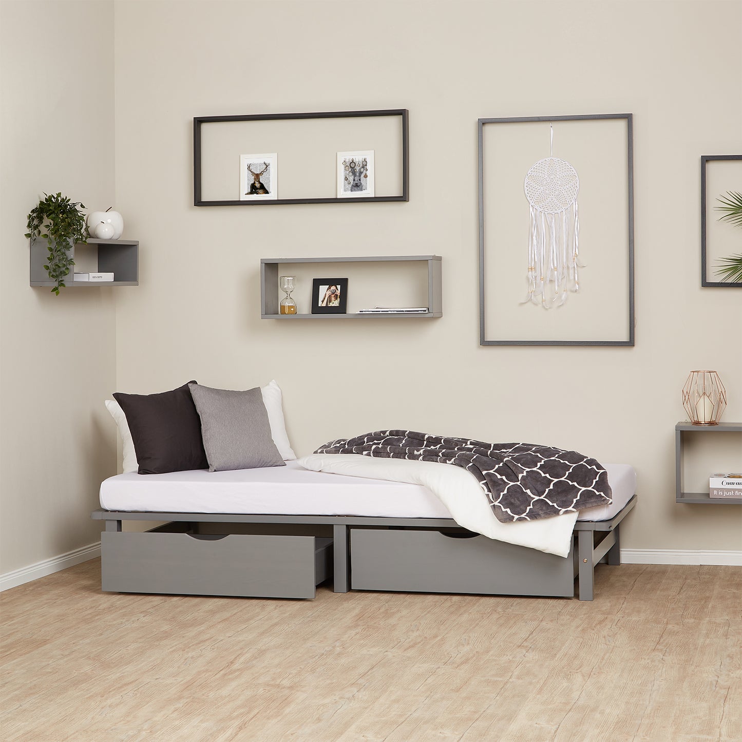 Palettenbett 90x200 cm Grau | Einzelbett mit Bettkästen | mit Lattenrost | Holz | Kind Jugend Gast