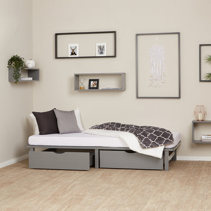 Palettenbett 90x200 cm Grau | Einzelbett mit Bettkästen | mit Lattenrost | Holz | Kind Jugend Gast