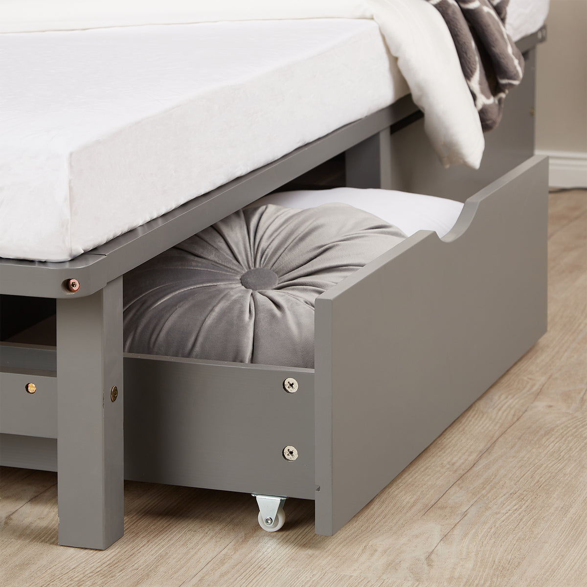 Palettenbett 90x200 cm Grau | Einzelbett mit Bettkästen | mit Lattenrost | Holz | Kind Jugend Gast