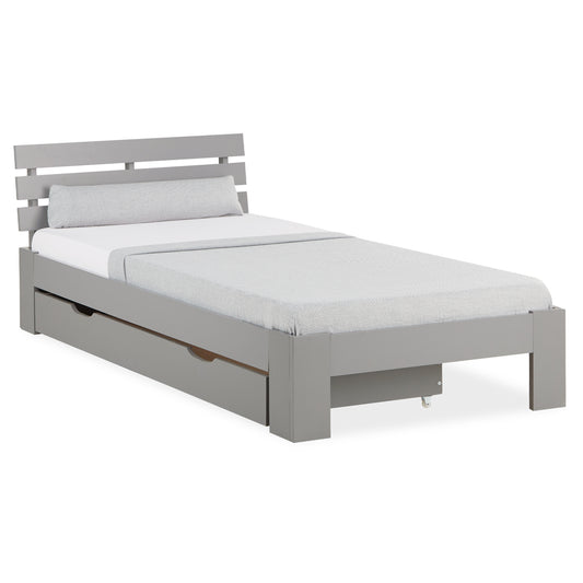 Holzbett 90x200 cm Grau | Einzelbett mit Bettkasten | mit Lattenrost | massiv | Kind Jugend Gast