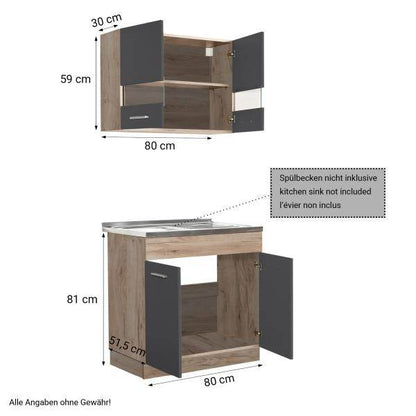 Küchenzeile ohne Geräte Einbauküche Singleküche Küchenschränke 80 cm Eiche Grau - Palo24