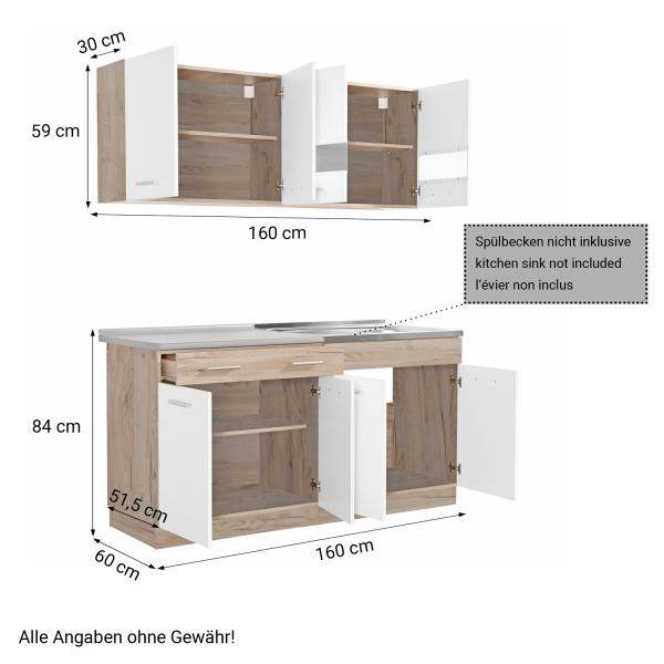 Küchenzeile ohne Geräte Einbauküche Singleküche Küchenschränke 160 cm Eiche Weiss - Palo24
