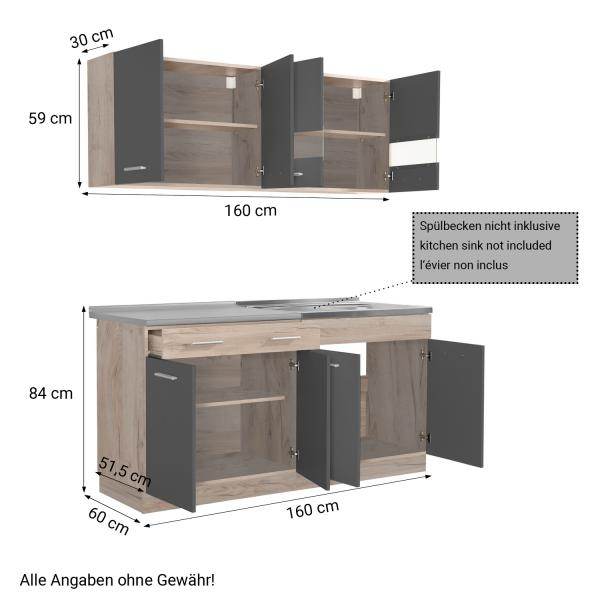 Küchenzeile ohne Geräte Einbauküche Singleküche Küchenschränke 160 cm Eiche Grau - Palo24