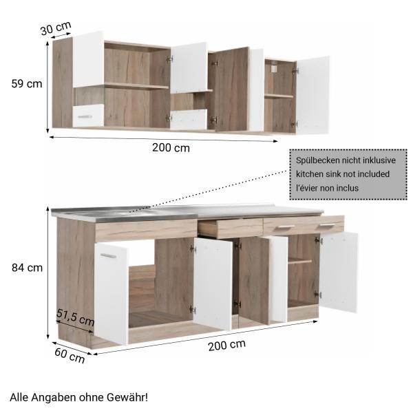 Küchenzeile ohne Geräte Einbauküche Singleküche Küchenschränke 200 cm Eiche Weiss - Palo24