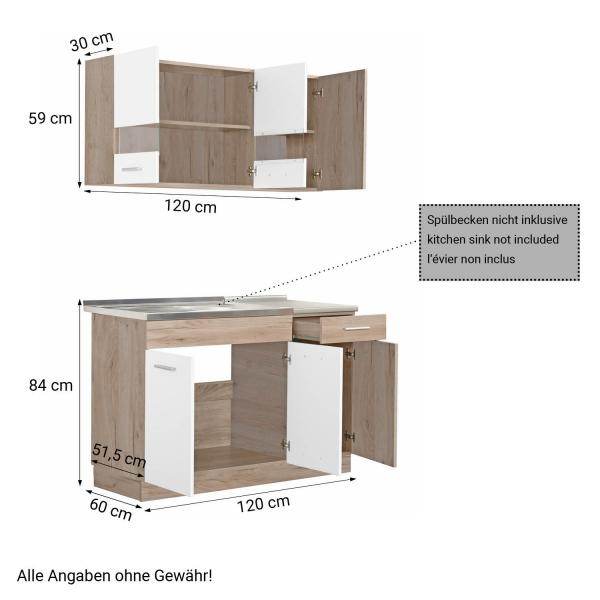 Küchenzeile ohne Geräte Einbauküche Singleküche Küchenschränke 120 cm Eiche Weiss - Palo24