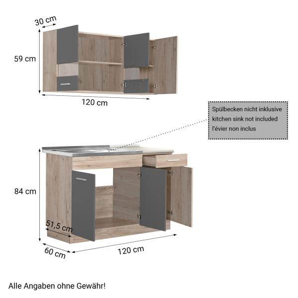 Küchenzeile ohne Geräte Einbauküche Singleküche Küchenschränke 120 cm Eiche Grau - Palo24