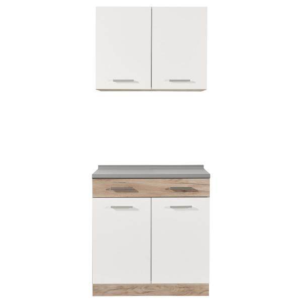 Küchenzeile ohne Geräte Einbauküche Singleküche Küchenschränke 80 cm Eiche Weiss Grau - Palo24