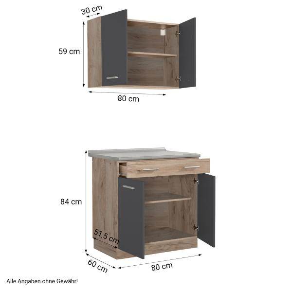 Küche Eiche Grau Küchenzeile ohne Geräte Einbauküche Singleküche Küchenschränke 80 cm - Palo24