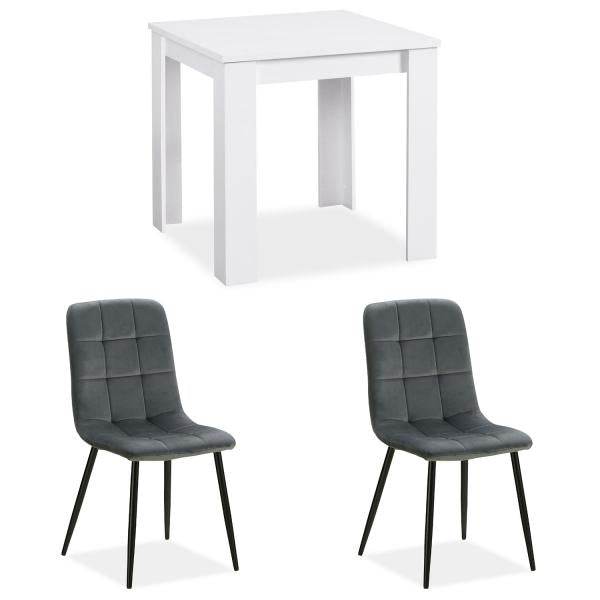 Essgruppe mit 2 Stühlen Esstisch Weiss 80x80 cm Esszimmertisch Holz Massiv Polsterstühle Samt Grau - Palo24