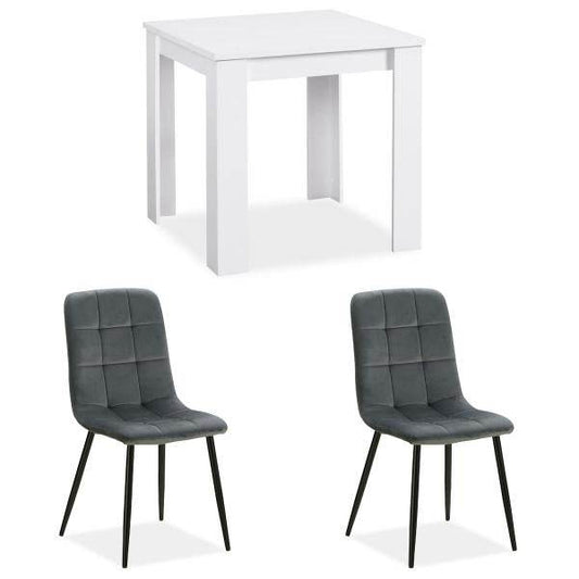 Essgruppe mit 2 Stühlen Esstisch Weiss 80x80 cm Esszimmertisch Holz Massiv Polsterstühle Samt Grau - Palo24