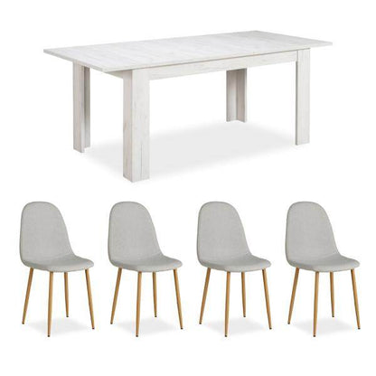 Essgruppe mit 4 Stühlen Esstisch Esszimmertisch Weiss Vintage Holztisch Massiv Polsterstühle Grau - Palo24