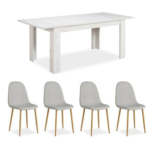 Essgruppe mit 4 Stühlen Esstisch Esszimmertisch Weiss Vintage Holztisch Massiv Polsterstühle Grau - Palo24