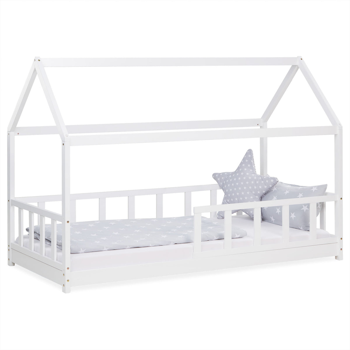 Kinderbett 90x200 cm Weiss | Hausbett mit Rausfallschutz | Montessori | Einzelbett | mit Lattenrost | Holz