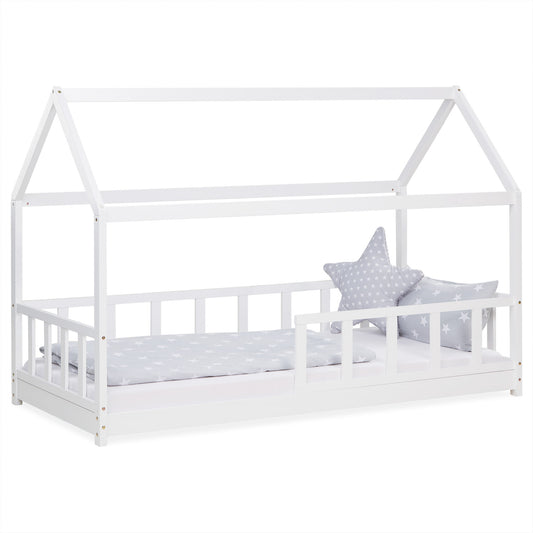 Kinderbett 90x200 cm Weiss | Hausbett mit Rausfallschutz | Montessori | Einzelbett | mit Lattenrost | Holz
