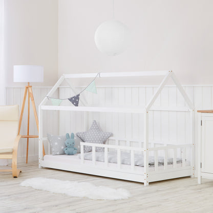 Kinderbett 90x200 cm Weiss | Hausbett mit Rausfallschutz | Montessori | Einzelbett | mit Lattenrost | Holz