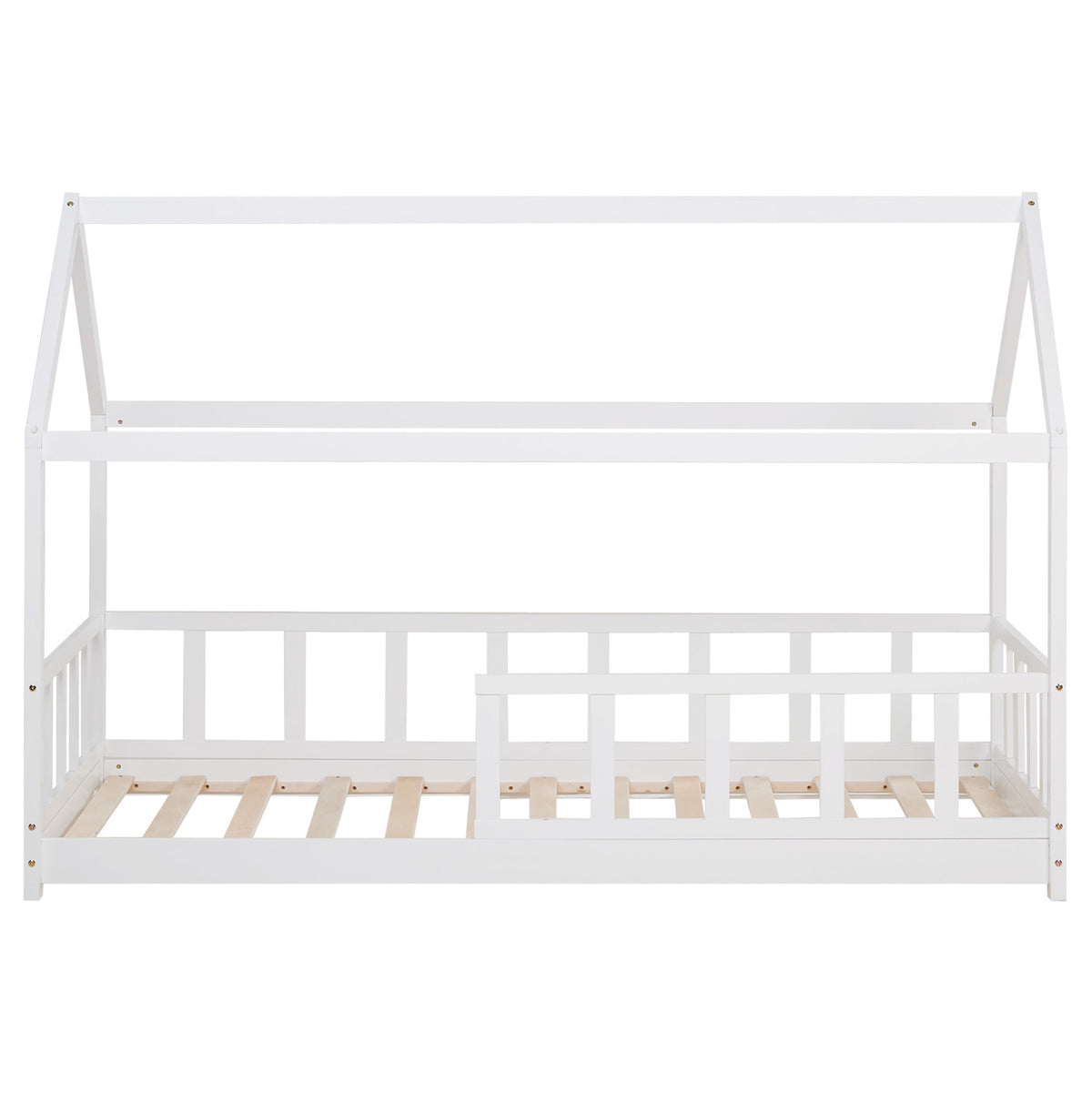 Kinderbett 90x200 cm Weiss | Hausbett mit Rausfallschutz | Montessori | Einzelbett | mit Lattenrost | Holz