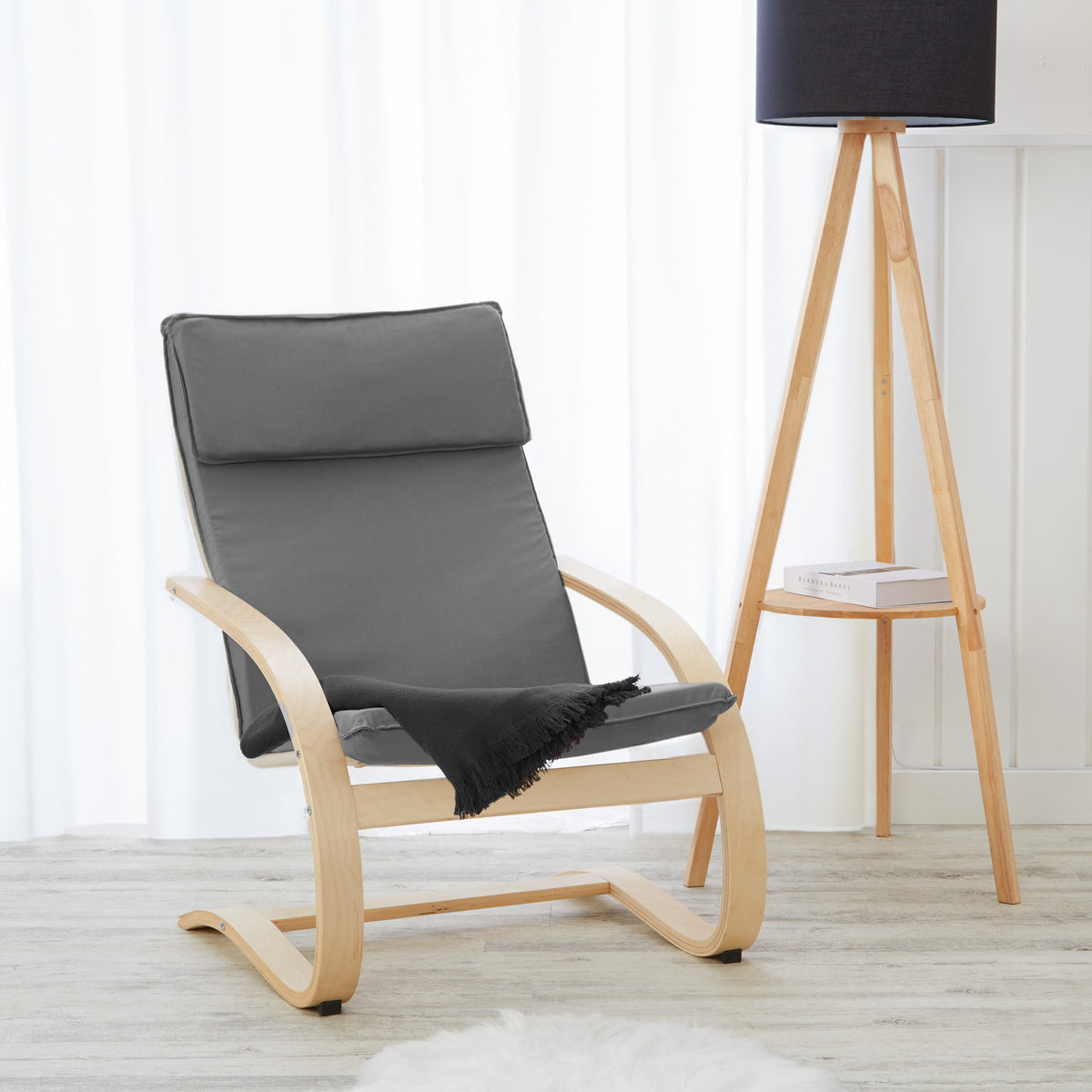 Relaxsessel Grau | ohne Fußstütze | Holz Natur | Schwingsessel Schaukelstuhl