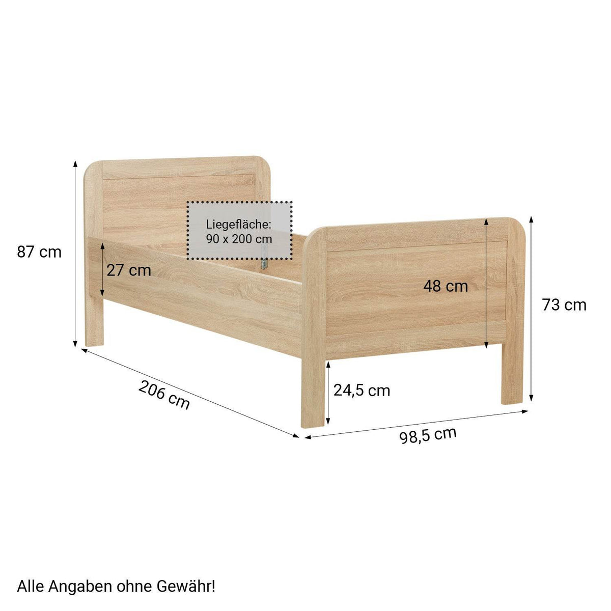 Komfortbett 90x200 mit Lattenrost Seniorenbett Höhenverstellbar Holzbett Eiche - Palo24