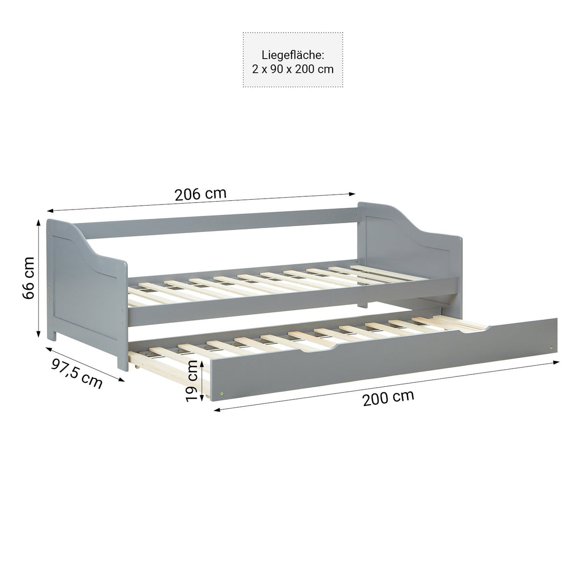 Holzbett 90x200 cm Grau | ausziehbar zum Doppelbett | Koje |mit Lattenrost | Duo-Bett kombinierbar Verwandlungsbett Multifunktionsbett