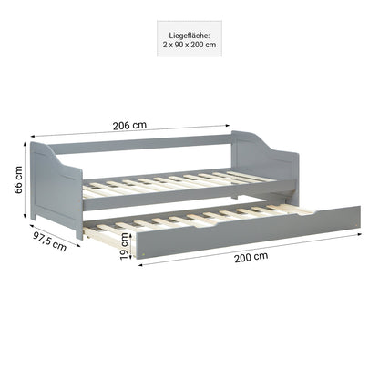 Holzbett 90x200 cm Grau | ausziehbar zum Doppelbett | Koje |mit Lattenrost | Duo-Bett kombinierbar Verwandlungsbett Multifunktionsbett