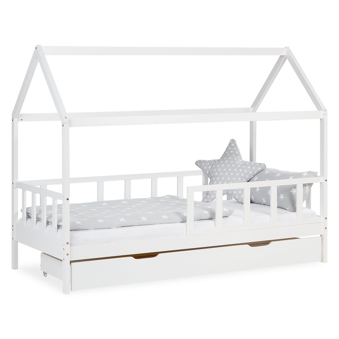 Kinderbett 90x200 cm Weiss | Hausbett mit Rausfallschutz und Bettkasten | Montessori mit Lattenrost |