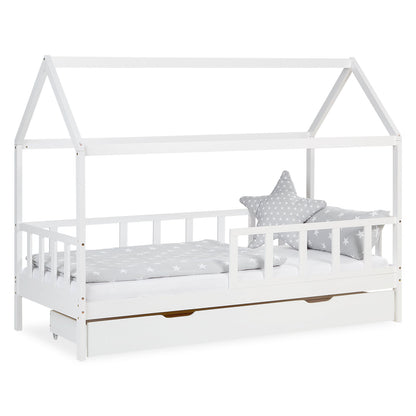 Kinderbett 90x200 cm Weiss | Hausbett mit Rausfallschutz und Bettkasten | Montessori mit Lattenrost |