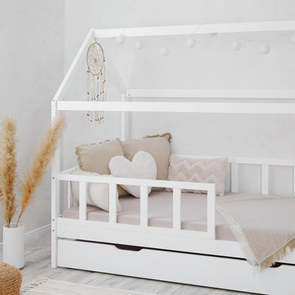 Kinderbett 90x200 cm Weiss | Hausbett mit Rausfallschutz und Bettkasten | Montessori mit Lattenrost |