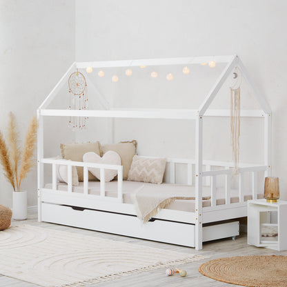 Kinderbett 90x200 cm Weiss | Hausbett mit Rausfallschutz und Bettkasten | Montessori mit Lattenrost |