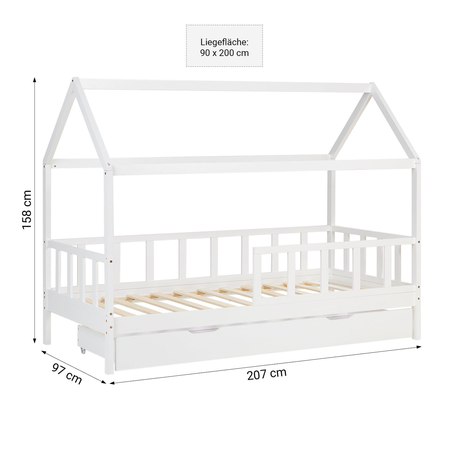 Kinderbett 90x200 cm Weiss | Hausbett mit Rausfallschutz und Bettkasten | Montessori mit Lattenrost |