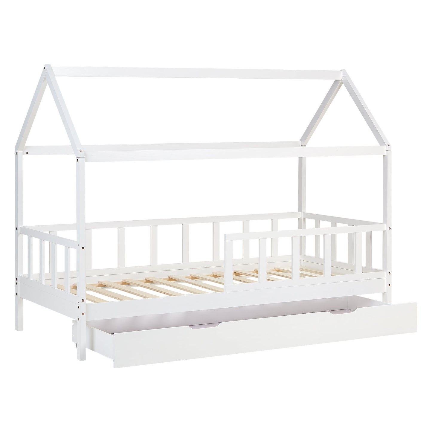 Kinderbett 90x200 cm Weiss | Hausbett mit Rausfallschutz und Bettkasten | Montessori mit Lattenrost |