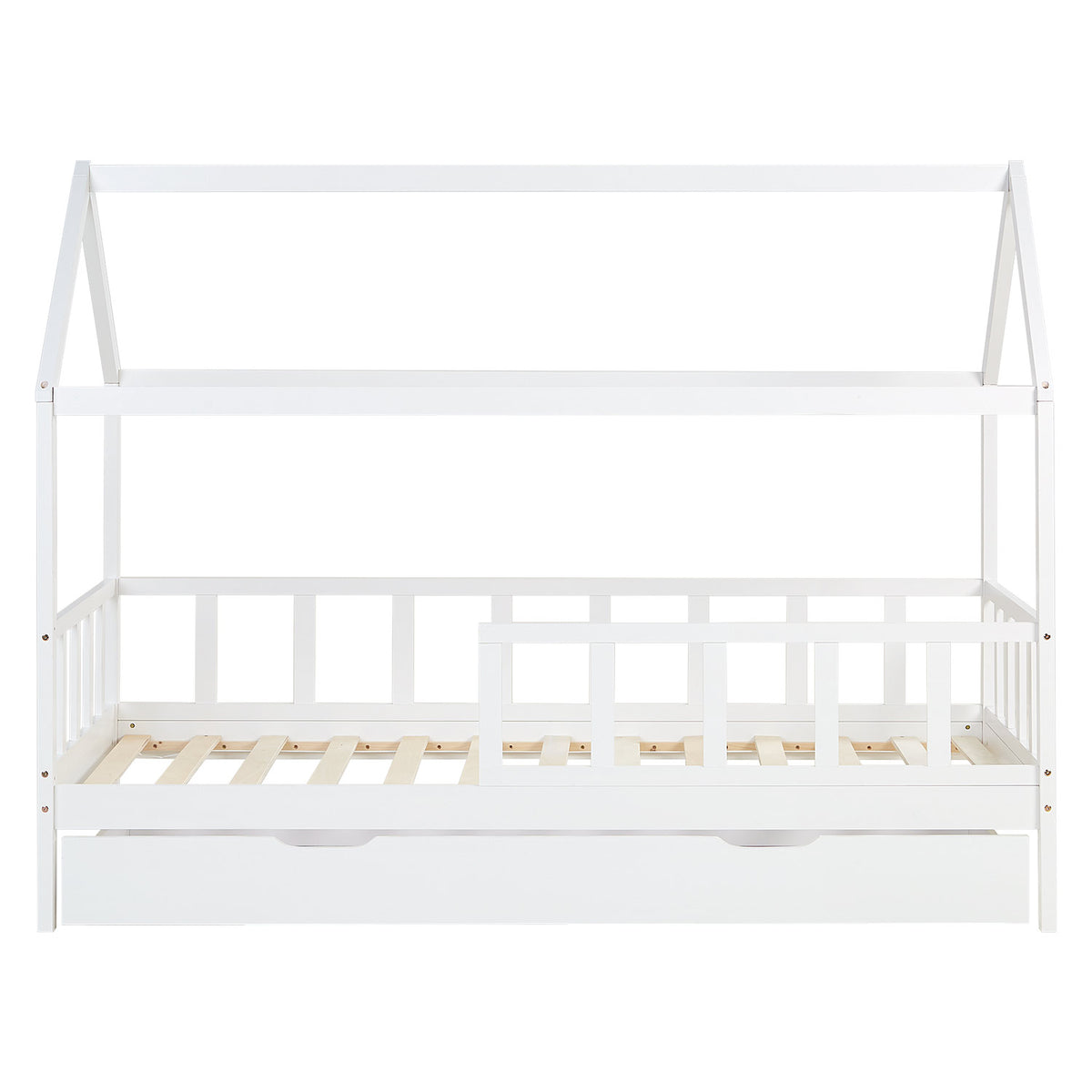 Kinderbett 90x200 cm Weiss | Hausbett mit Rausfallschutz und Bettkasten | Montessori mit Lattenrost |