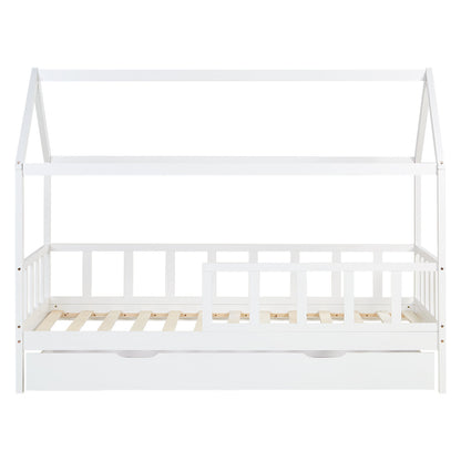 Kinderbett 90x200 cm Weiss | Hausbett mit Rausfallschutz und Bettkasten | Montessori mit Lattenrost |