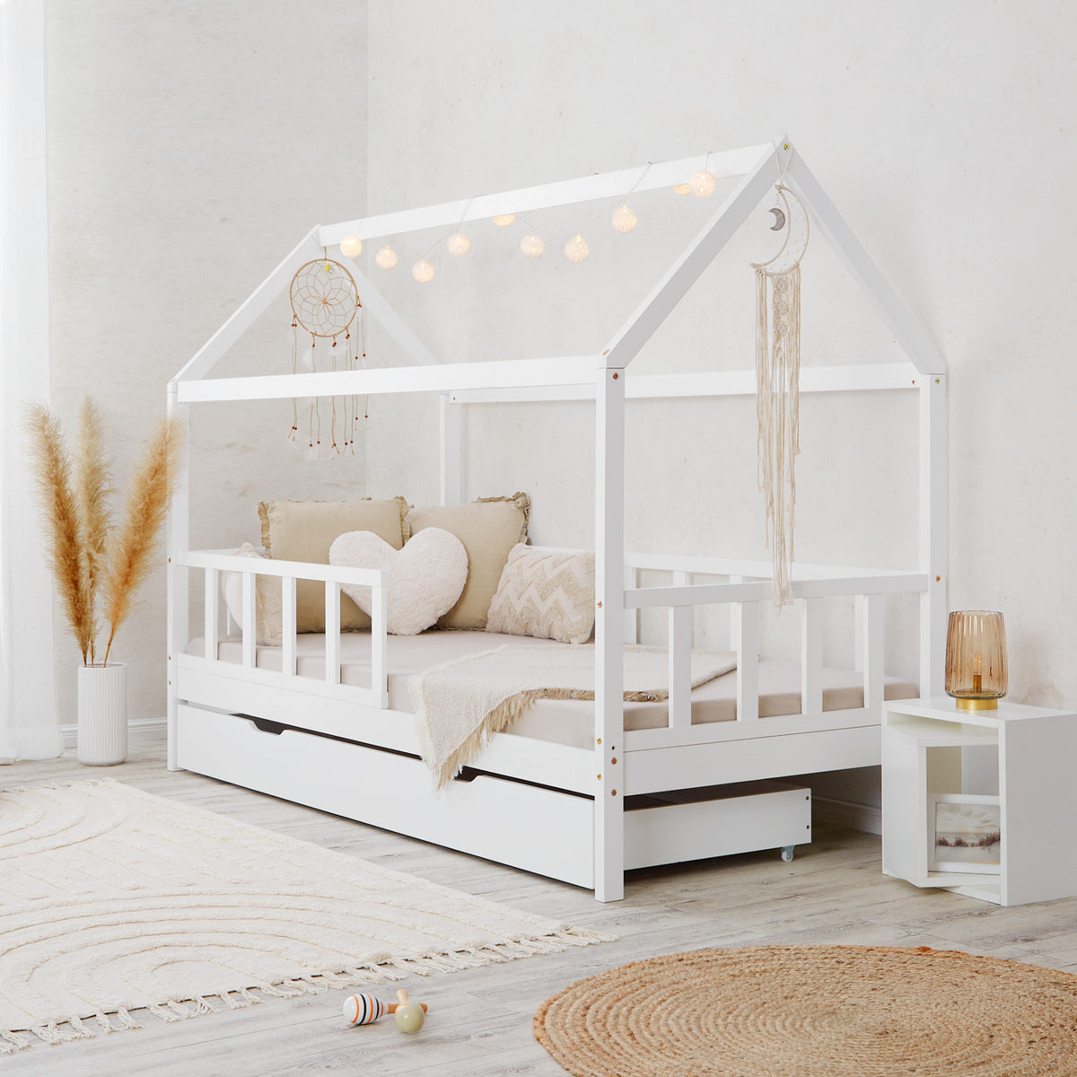 Kinderbett 90x200 cm Weiss | Hausbett mit Rausfallschutz und Bettkasten | Montessori mit Lattenrost |