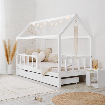 Kinderbett 90x200 cm Weiss | Hausbett mit Rausfallschutz und Bettkasten | Montessori mit Lattenrost |