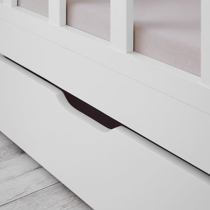 Kinderbett 90x200 cm Weiss | Hausbett mit Rausfallschutz und Bettkasten | Montessori mit Lattenrost |