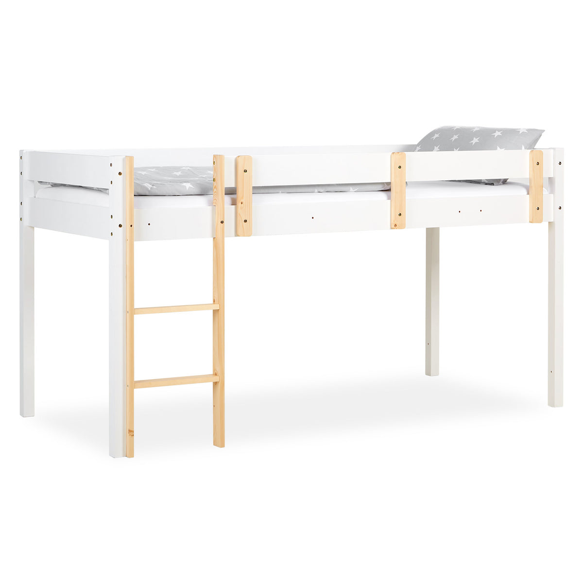 Hochbett Kinder 90x200 cm Weiss | Leiter Natur | Rausfallschutz | mit Lattenrost
