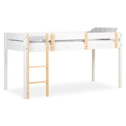 Hochbett Kinder 90x200 cm Weiss | Leiter Natur | Rausfallschutz | mit Lattenrost