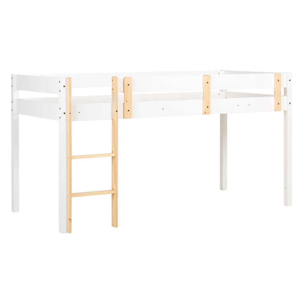 Hochbett Kinder 90x200 cm Weiss | Leiter Natur | Rausfallschutz | mit Lattenrost