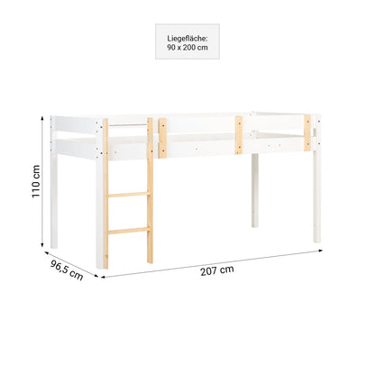Hochbett Kinder 90x200 cm Weiss | Leiter Natur | Rausfallschutz | mit Lattenrost