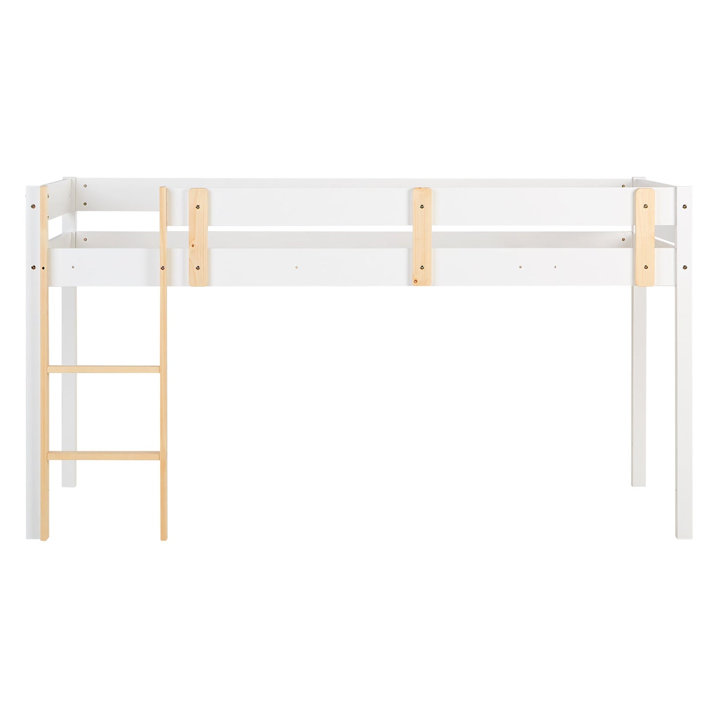 Hochbett Kinder 90x200 cm Weiss | Leiter Natur | Rausfallschutz | mit Lattenrost