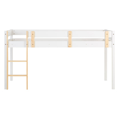 Hochbett Kinder 90x200 cm Weiss | Leiter Natur | Rausfallschutz | mit Lattenrost
