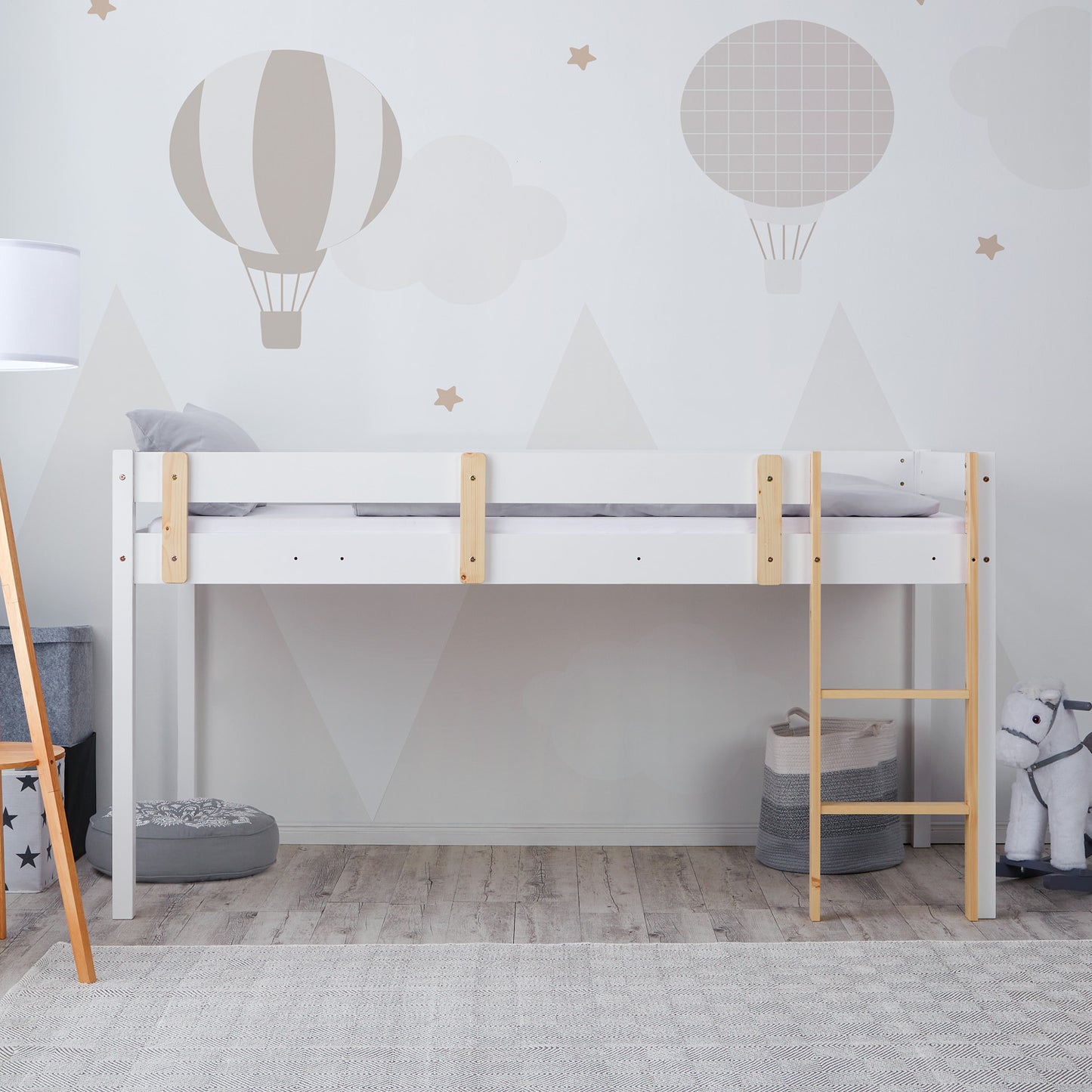 Hochbett Kinder 90x200 cm Weiss | Leiter Natur | Rausfallschutz | mit Lattenrost