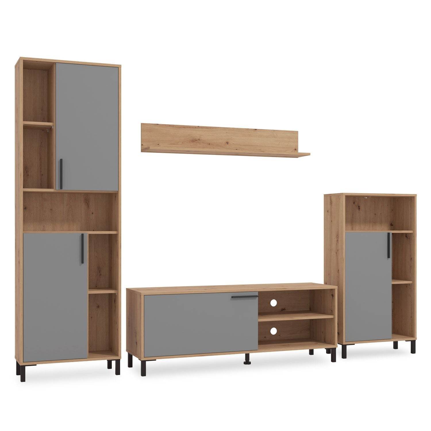 Wohnwand Schrankwand Holz Eiche Grau Anbauwand 4 tlg. Modern Entertainment Center - Palo24
