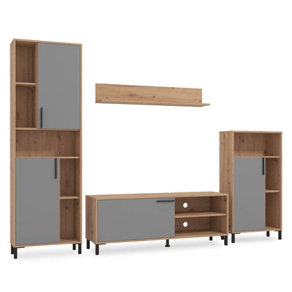 Wohnwand Schrankwand Holz Eiche Grau Anbauwand 4 tlg. Modern Entertainment Center - Palo24
