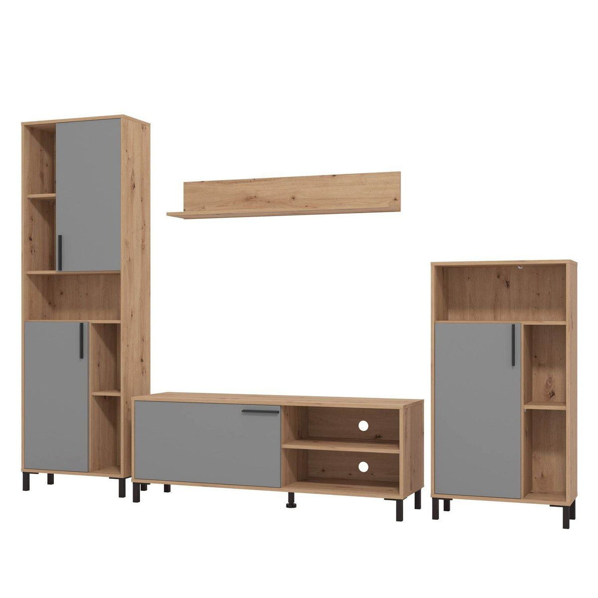 Wohnwand Schrankwand Holz Eiche Grau Anbauwand 4 tlg. Modern Entertainment Center - Palo24